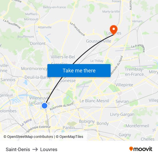 Saint-Denis to Louvres map