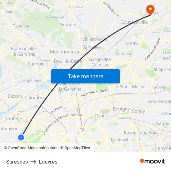 Suresnes to Louvres map