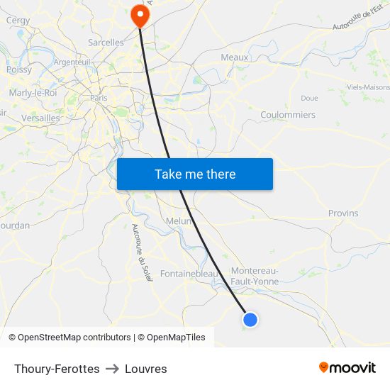 Thoury-Ferottes to Louvres map