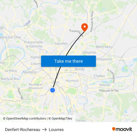 Denfert-Rochereau to Louvres map