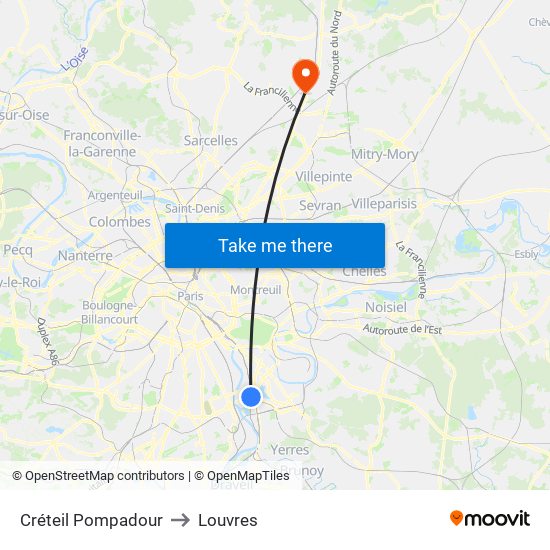 Créteil Pompadour to Louvres map