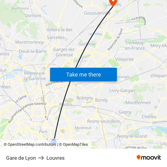 Gare de Lyon to Louvres map
