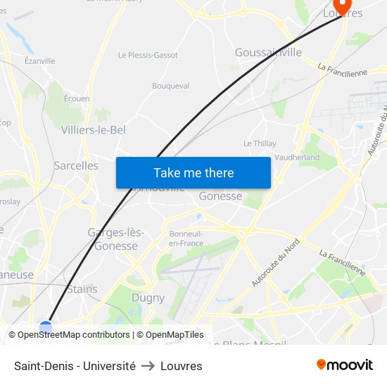 Saint-Denis - Université to Louvres map