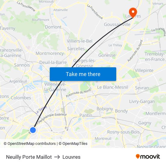 Neuilly Porte Maillot to Louvres map