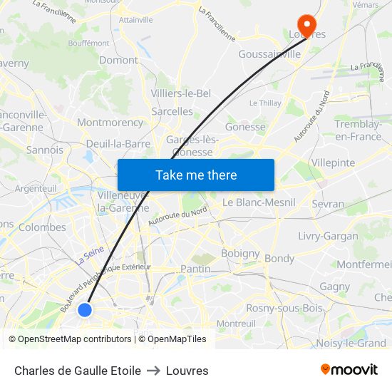 Charles de Gaulle Etoile to Louvres map