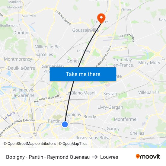Bobigny - Pantin - Raymond Queneau to Louvres map