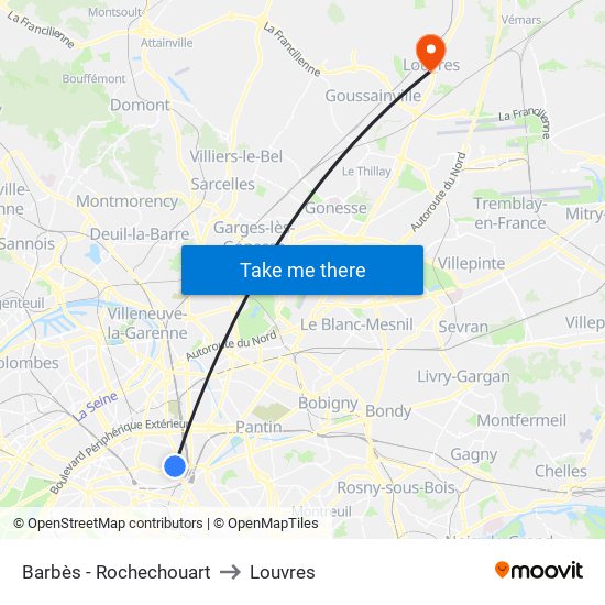 Barbès - Rochechouart to Louvres map