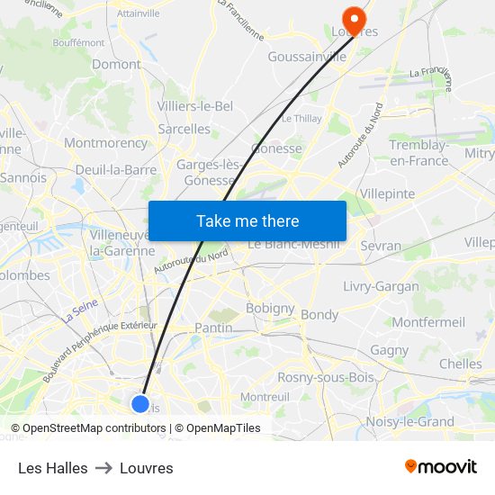 Les Halles to Louvres map