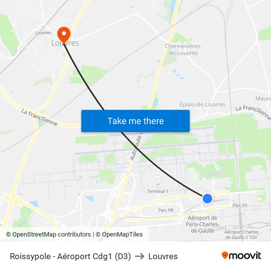 Roissypole - Aéroport Cdg1 (D3) to Louvres map