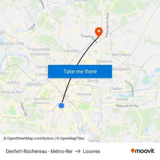 Denfert-Rochereau - Métro-Rer to Louvres map
