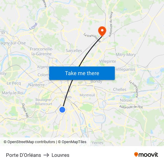 Porte D'Orléans to Louvres map