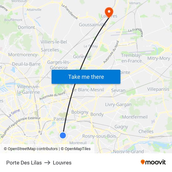 Porte Des Lilas to Louvres map