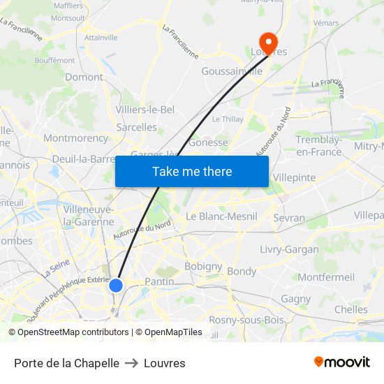 Porte de la Chapelle to Louvres map