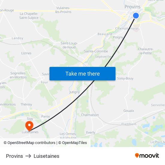 Provins to Luisetaines map