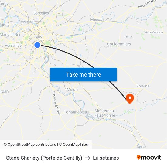 Stade Charléty (Porte de Gentilly) to Luisetaines map