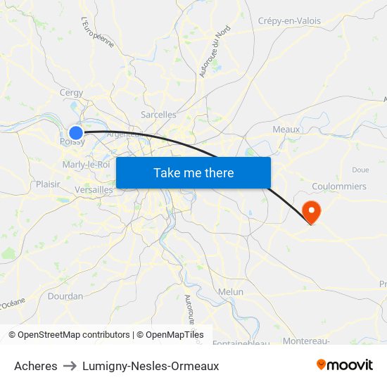 Acheres to Lumigny-Nesles-Ormeaux map