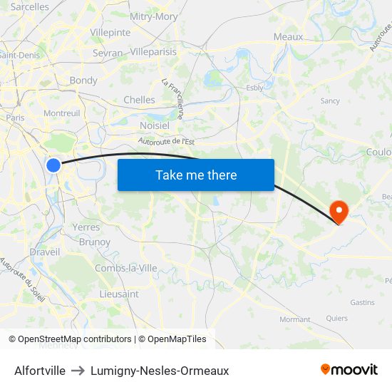 Alfortville to Lumigny-Nesles-Ormeaux map