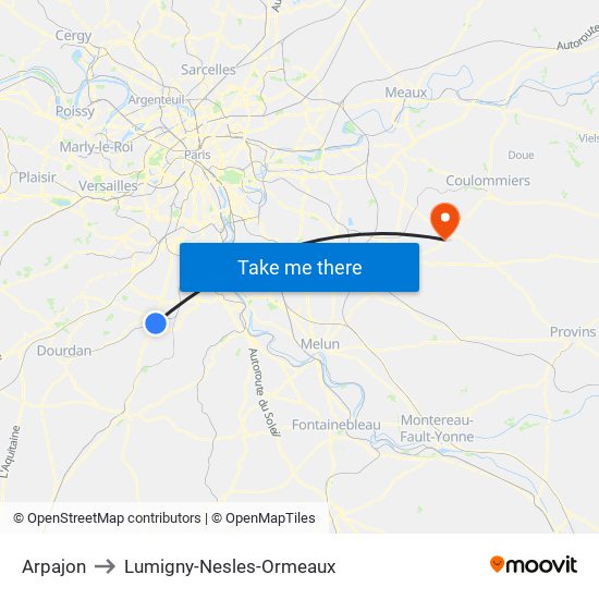 Arpajon to Lumigny-Nesles-Ormeaux map