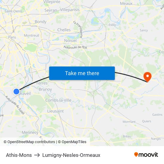 Athis-Mons to Lumigny-Nesles-Ormeaux map