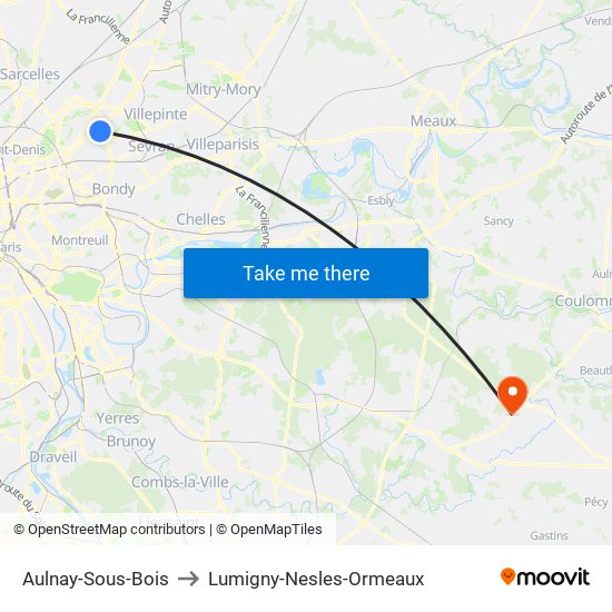 Aulnay-Sous-Bois to Lumigny-Nesles-Ormeaux map