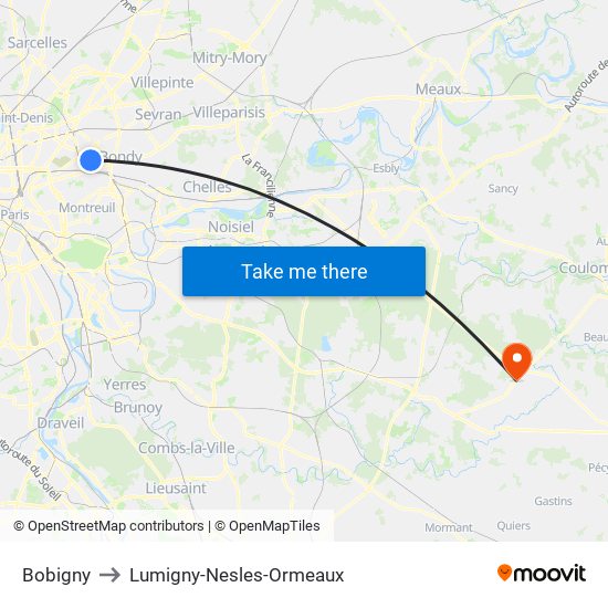 Bobigny to Lumigny-Nesles-Ormeaux map