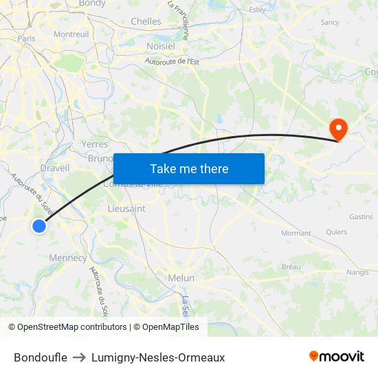 Bondoufle to Lumigny-Nesles-Ormeaux map