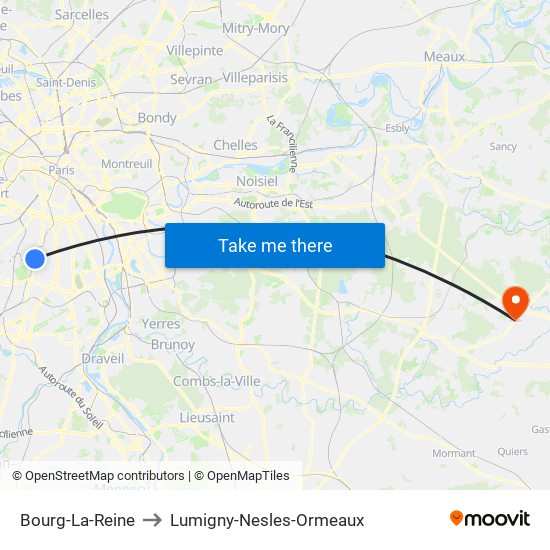 Bourg-La-Reine to Lumigny-Nesles-Ormeaux map