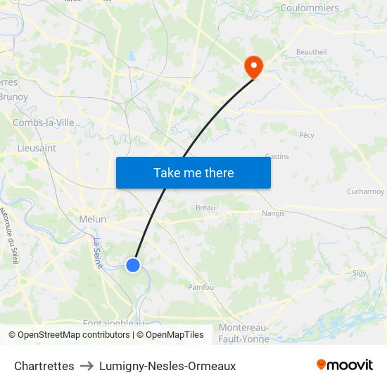 Chartrettes to Lumigny-Nesles-Ormeaux map