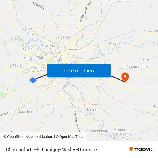 Chateaufort to Lumigny-Nesles-Ormeaux map