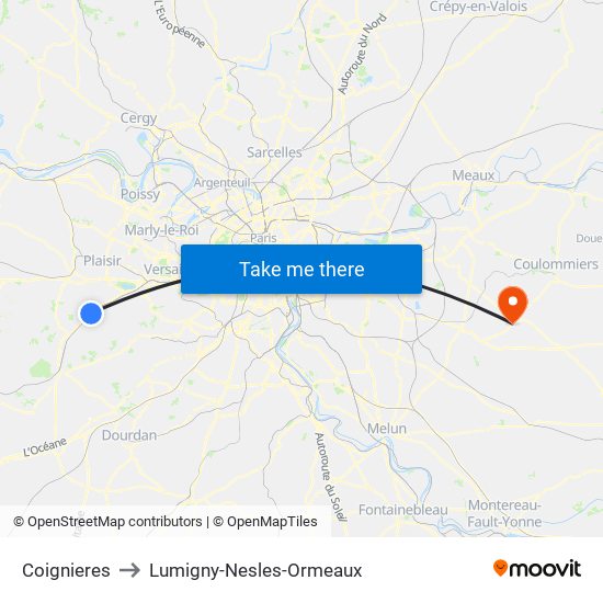 Coignieres to Lumigny-Nesles-Ormeaux map