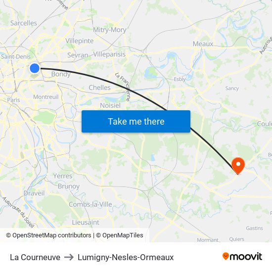 La Courneuve to Lumigny-Nesles-Ormeaux map