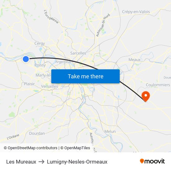 Les Mureaux to Lumigny-Nesles-Ormeaux map