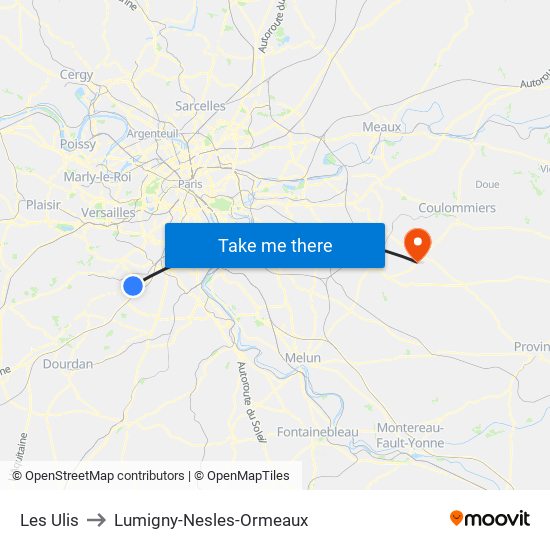 Les Ulis to Lumigny-Nesles-Ormeaux map