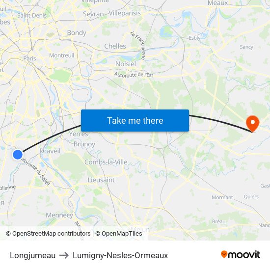Longjumeau to Lumigny-Nesles-Ormeaux map