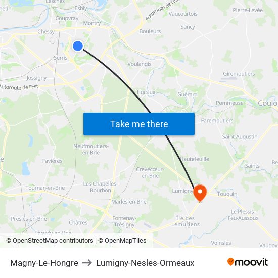 Magny-Le-Hongre to Lumigny-Nesles-Ormeaux map