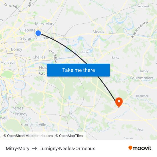 Mitry-Mory to Lumigny-Nesles-Ormeaux map