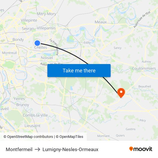 Montfermeil to Lumigny-Nesles-Ormeaux map