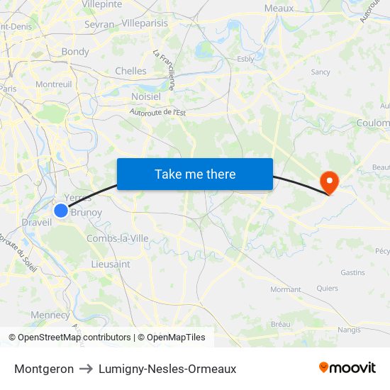 Montgeron to Lumigny-Nesles-Ormeaux map
