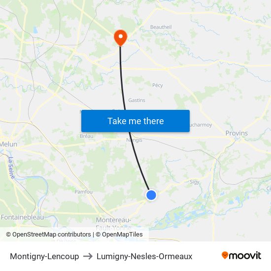 Montigny-Lencoup to Lumigny-Nesles-Ormeaux map