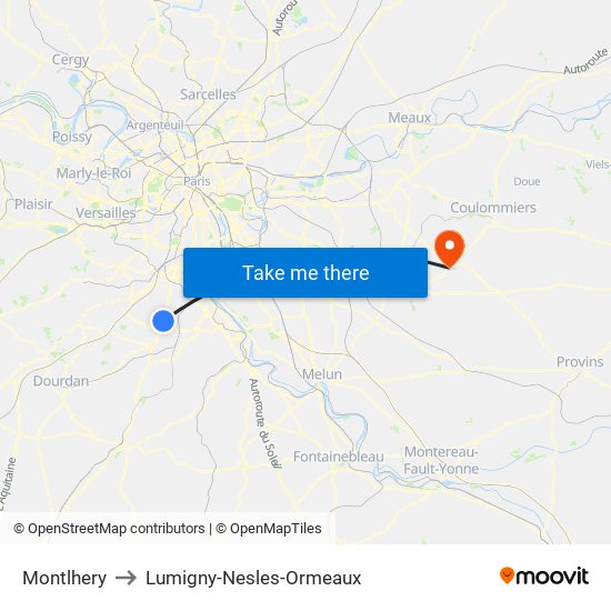 Montlhery to Lumigny-Nesles-Ormeaux map