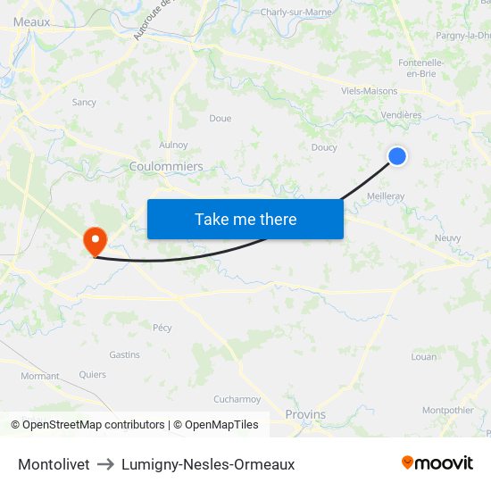 Montolivet to Lumigny-Nesles-Ormeaux map