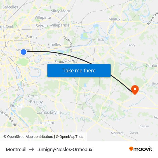 Montreuil to Lumigny-Nesles-Ormeaux map