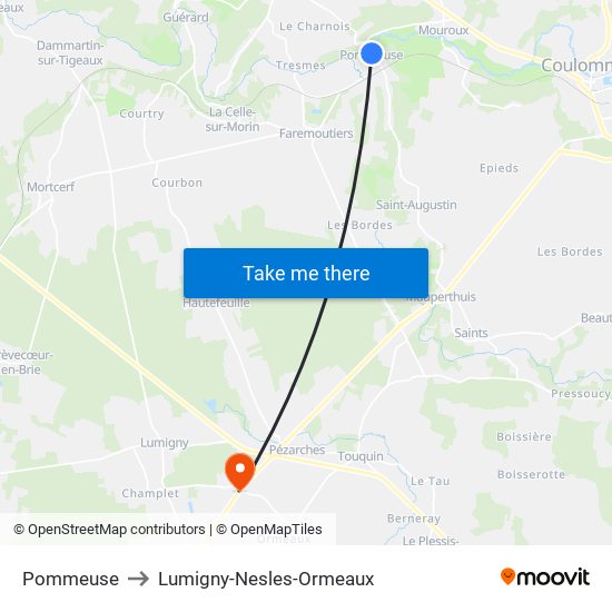 Pommeuse to Lumigny-Nesles-Ormeaux map