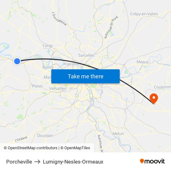 Porcheville to Lumigny-Nesles-Ormeaux map