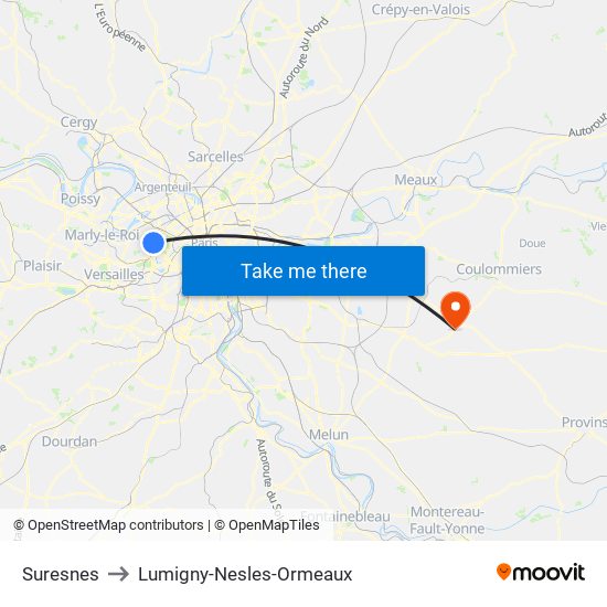 Suresnes to Lumigny-Nesles-Ormeaux map