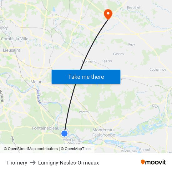 Thomery to Lumigny-Nesles-Ormeaux map