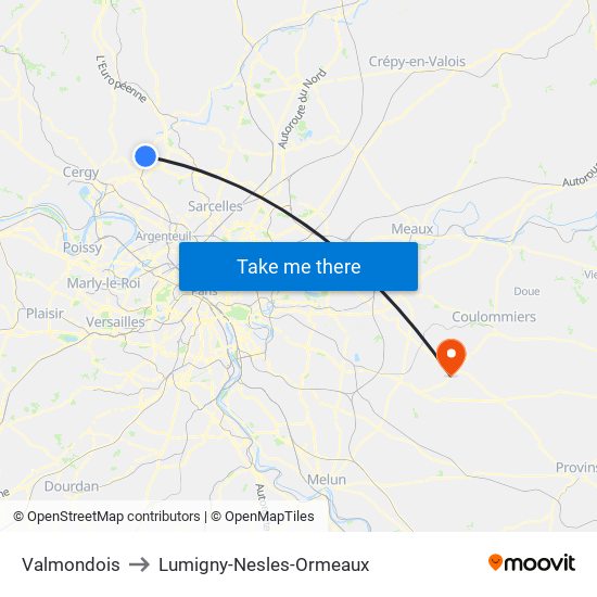 Valmondois to Lumigny-Nesles-Ormeaux map