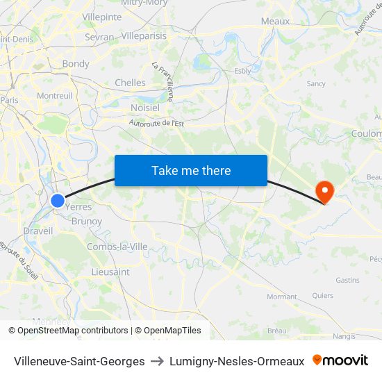 Villeneuve-Saint-Georges to Lumigny-Nesles-Ormeaux map