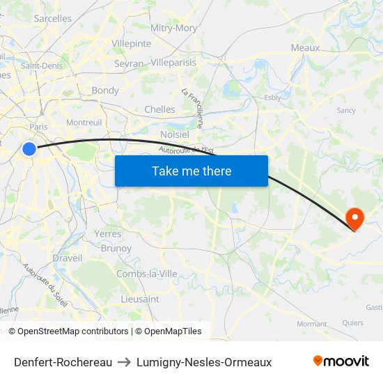 Denfert-Rochereau to Lumigny-Nesles-Ormeaux map