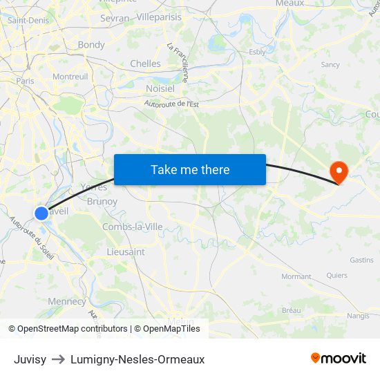 Juvisy to Lumigny-Nesles-Ormeaux map